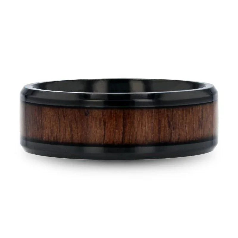 KONY Black Titanium Polished Beveled Edges Black Walnut Wood Inlaid Men’s Wedding Ring - 6mm & 8mm