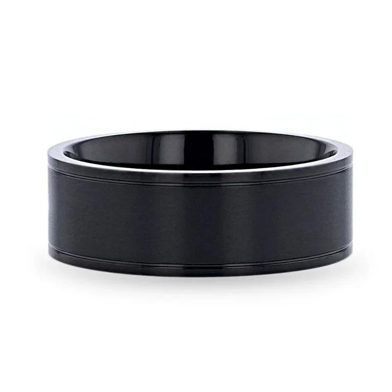 WOLFGANG Black Titanium Brushed Finish Men’s Wedding Ring with Polished Dual Offset Grooves – 6mm & 8mm