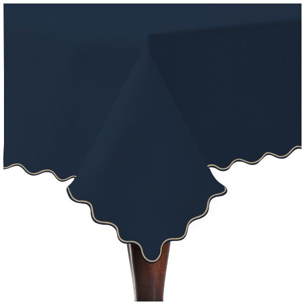Scallop Embroidery Sateen Cotton Solid Table Cloth - Navy