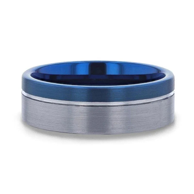 ATLANTIC Duo Color Brushed Center Tungsten Carbide Men's Wedding Band With Blue Ion Plating Inside - 8mm
