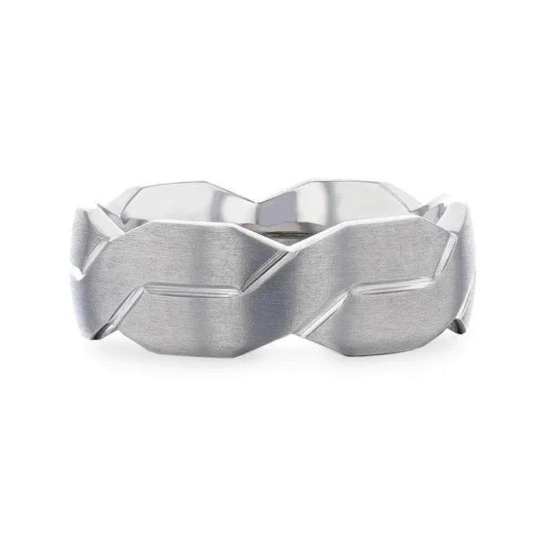 ENDURE Interlocking Infinity Symbol Flat Brushed Titanium Men's Wedding Band With Polished Grooves - 8mm