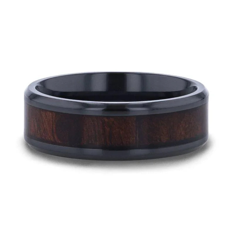 YOSEMITE Redwood inlaid Clear Polished Coated Titanium Men's Wedding Band With Polished Beveled Edges - 8mm