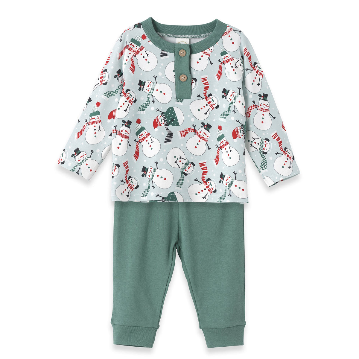 Christmas Snowmen Baby Boy's Bamboo Henley Top & Pants