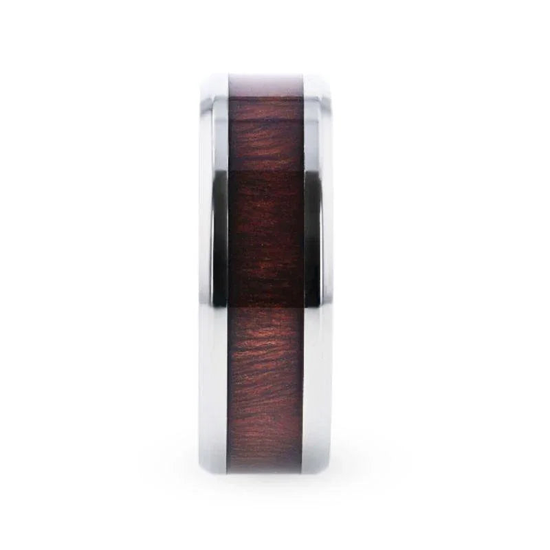 SEQUOIA Redwood Inlaid Titanium Flat Polished Finish Men's Wedding Ring With Beveled Edges - 8mm