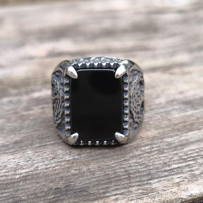 Tree Of Life Onyx Stainless Steel Viking Ring