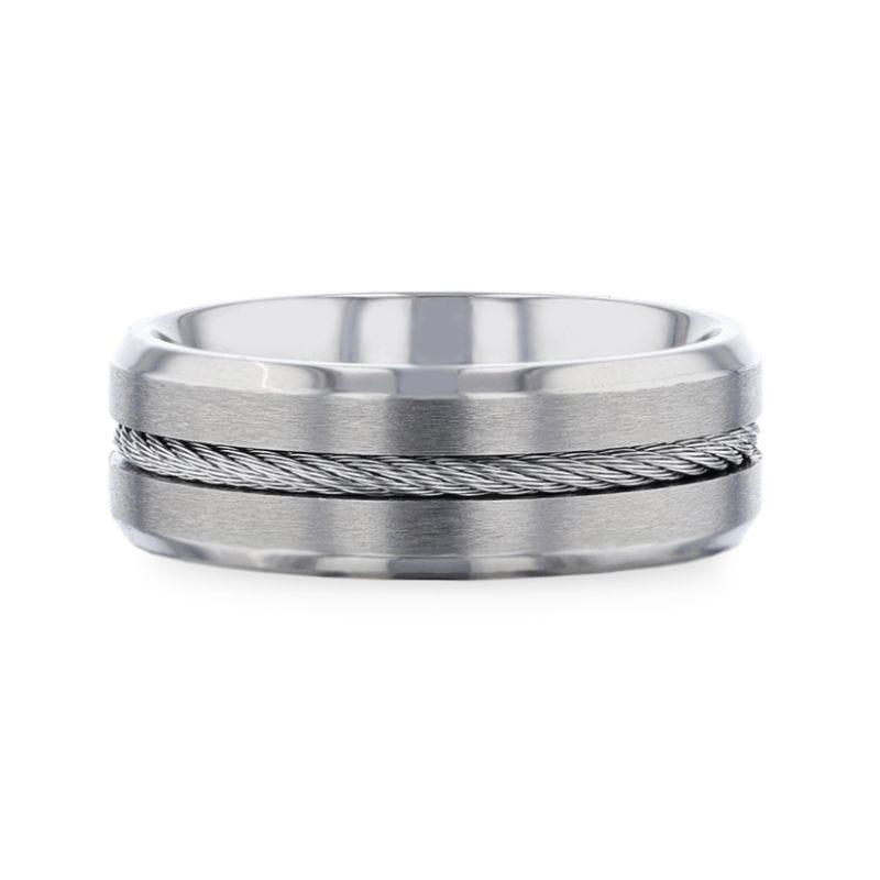 ALBERT Steel Cable Inlaid Brushed Center Titanium Men's Wedding Band With Beveled Polished Edges - 8mm