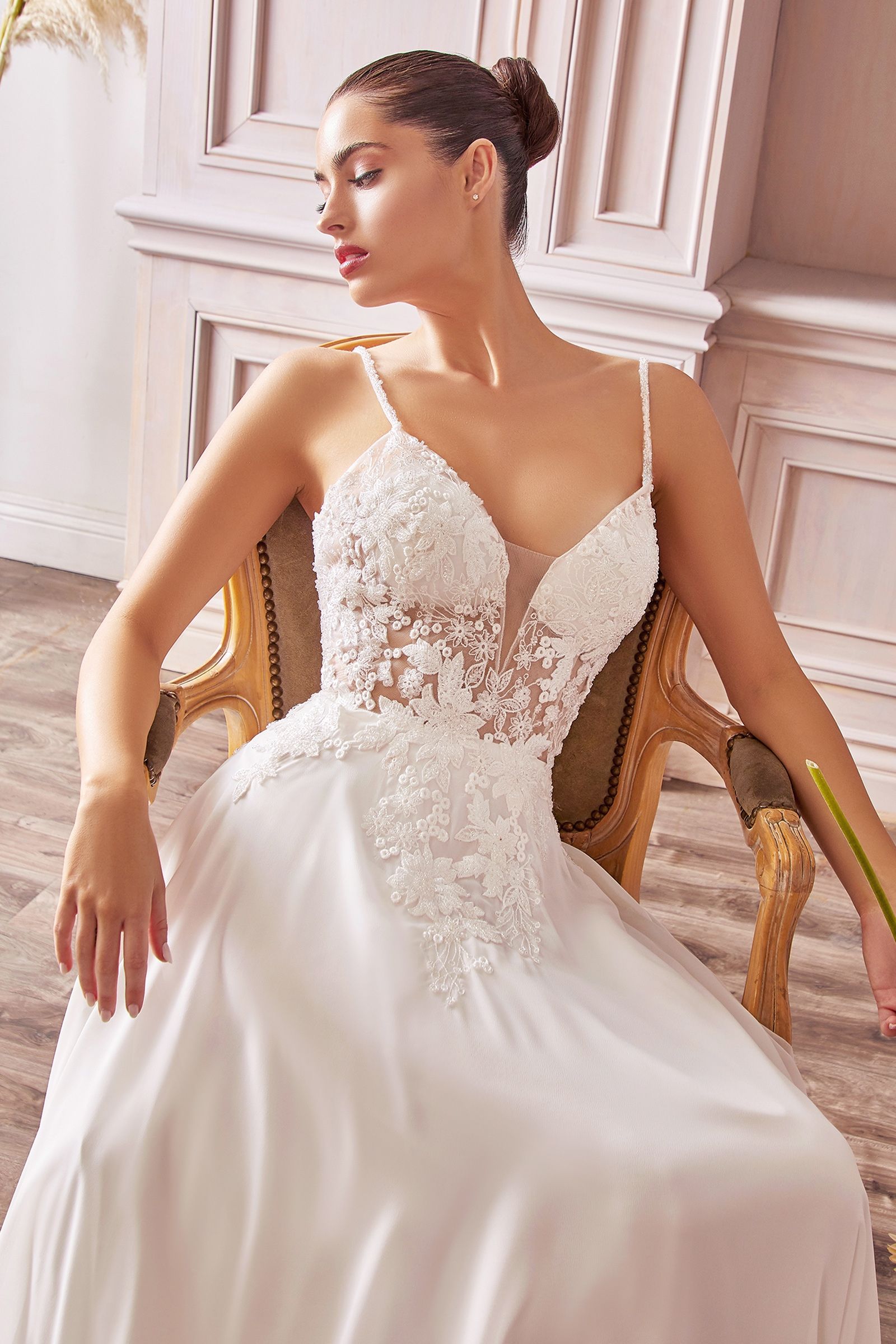 A-Line Chiffon Sheer Bodice Illusion V-Neck Long Wedding Dress CDTY11