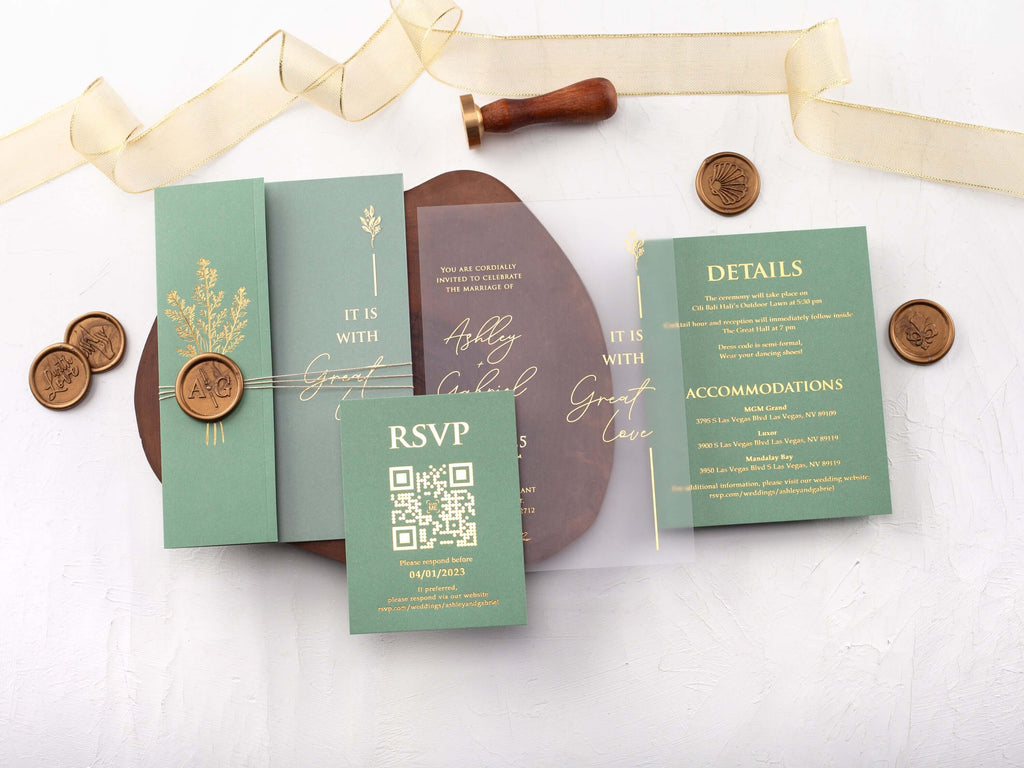 Gold Foiled Acrylic Invitations with Sage Green Half Jackets