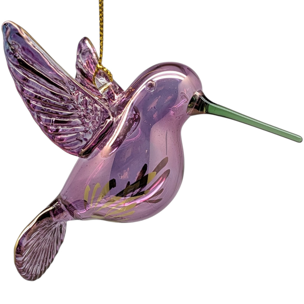 Gold Etched Glass Hummingbird Ornament - Purple with Green Beak