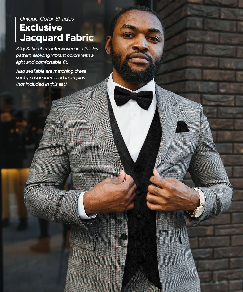 Vittorio Farina Men's Woven Paisley Vest, Necktie, Bow Tie and Pocket Square Set (Black Back)