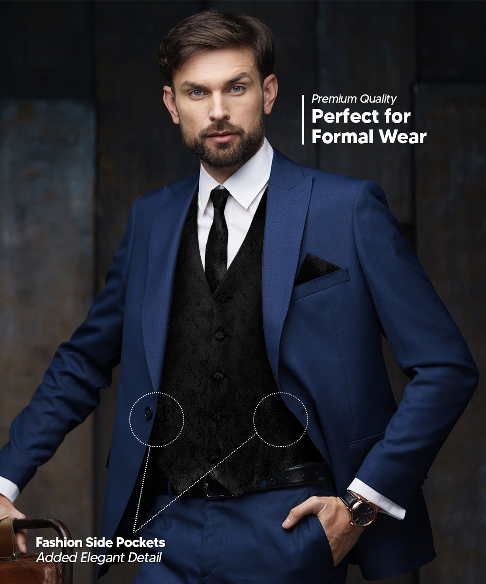 Vittorio Farina Men's Woven Paisley Vest, Necktie, Bow Tie and Pocket Square Set (Black Back)