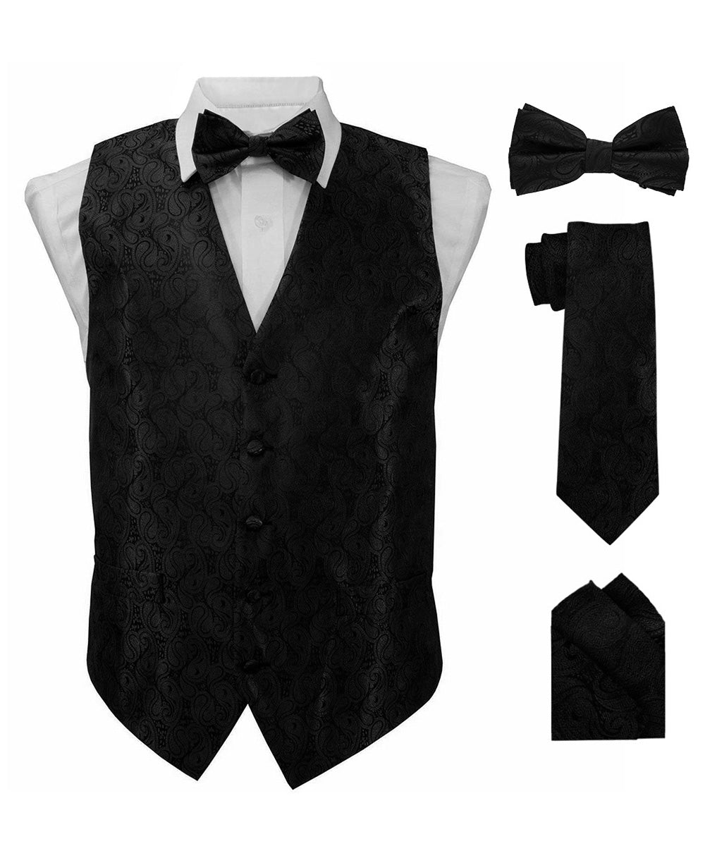 Vittorio Farina Men's Woven Paisley Vest, Necktie, Bow Tie and Pocket Square Set (Black Back)