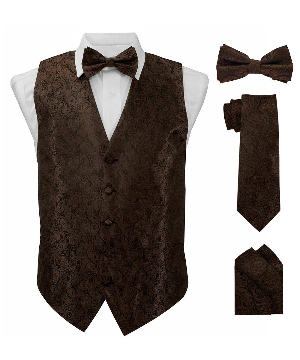 Vittorio Farina Men's Woven Paisley Vest, Necktie, Bow Tie and Pocket Square Set (Black Back)