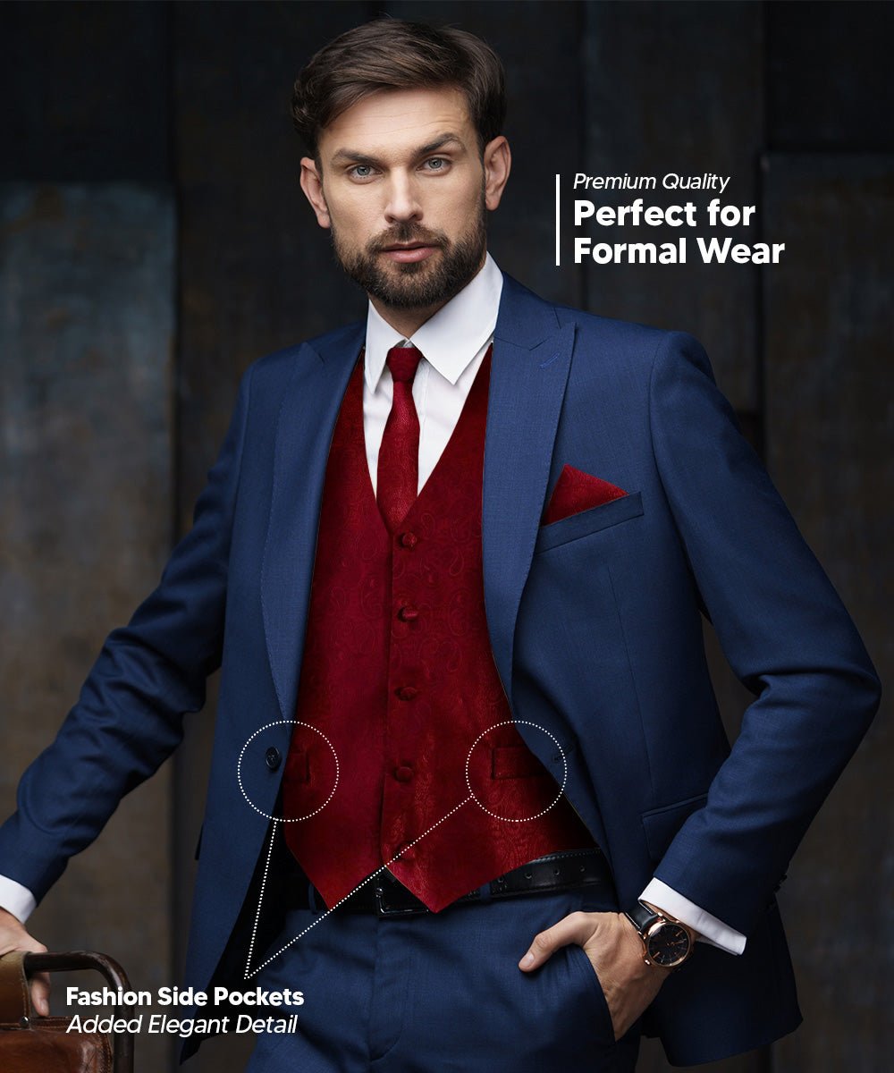 Vittorio Farina Men's Woven Paisley Vest, Necktie, Bow Tie and Pocket Square Set (Black Back)