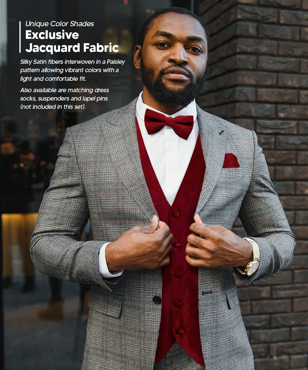 Vittorio Farina Men's Woven Paisley Vest, Necktie, Bow Tie and Pocket Square Set (Black Back)