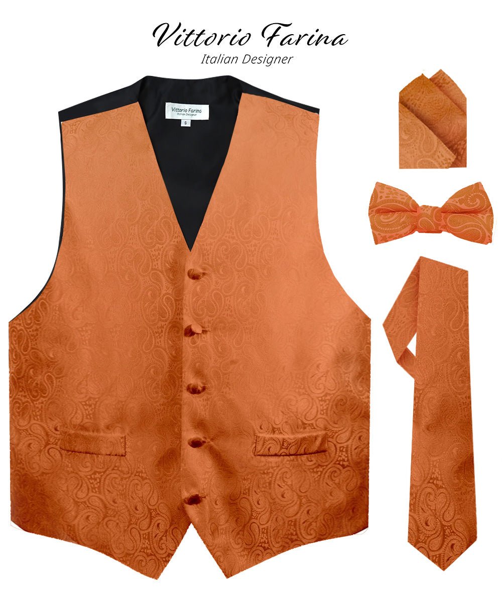 Vittorio Farina Men's Woven Paisley Vest, Necktie, Bow Tie and Pocket Square Set (Black Back)