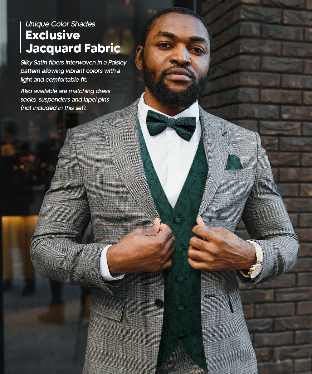 Vittorio Farina Men's Woven Paisley Vest, Necktie, Bow Tie and Pocket Square Set (Black Back)