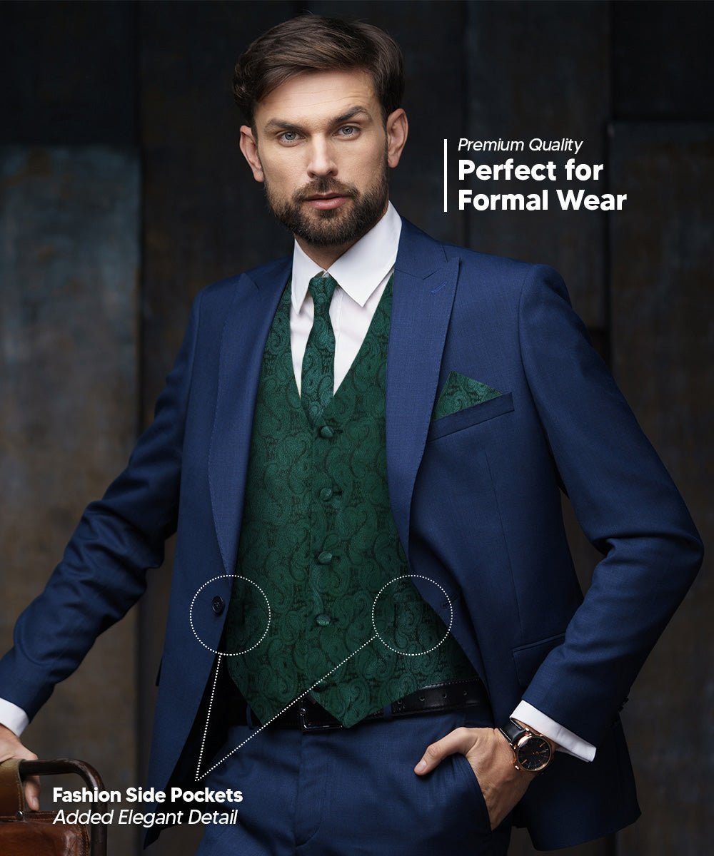 Vittorio Farina Men's Woven Paisley Vest, Necktie, Bow Tie and Pocket Square Set (Black Back)