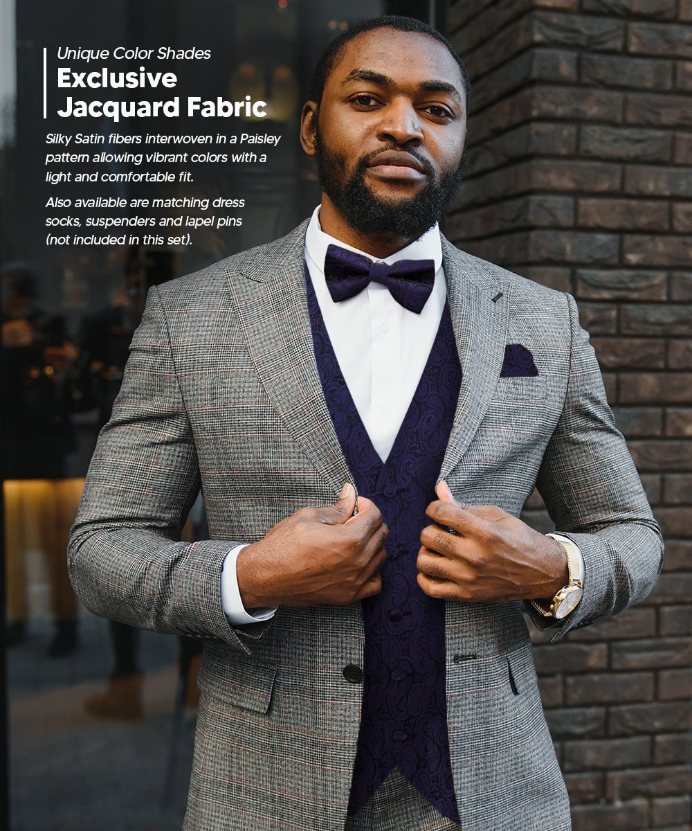 Vittorio Farina Men's Woven Paisley Vest, Necktie, Bow Tie and Pocket Square Set (Black Back)