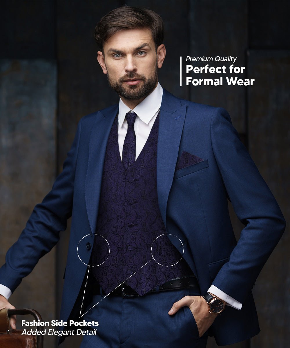 Vittorio Farina Men's Woven Paisley Vest, Necktie, Bow Tie and Pocket Square Set (Black Back)