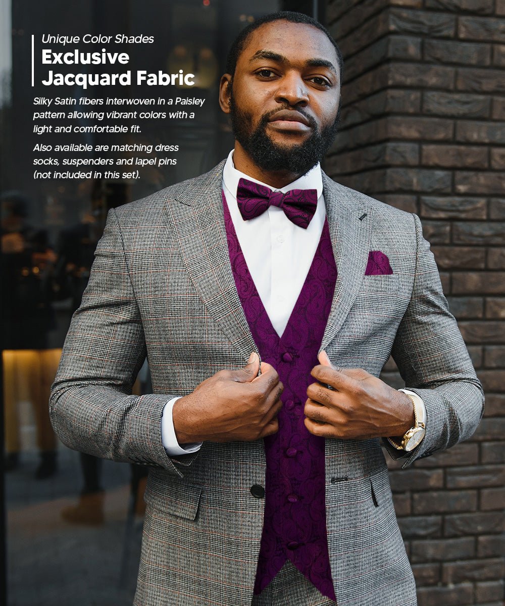 Vittorio Farina Men's Woven Paisley Vest, Necktie, Bow Tie and Pocket Square Set (Black Back)