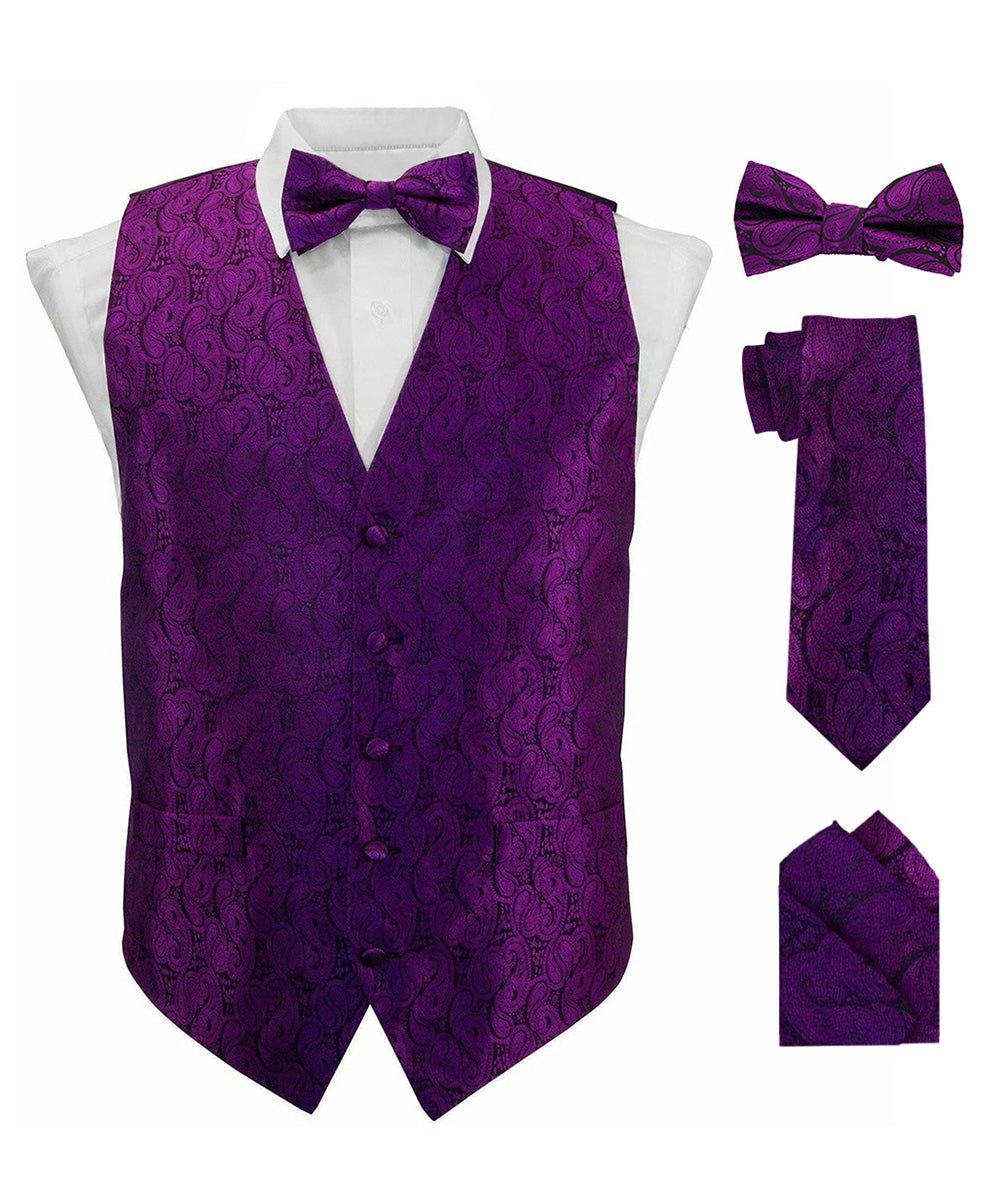 Vittorio Farina Men's Woven Paisley Vest, Necktie, Bow Tie and Pocket Square Set (Black Back)