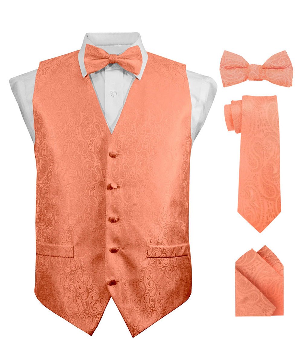 Vittorio Farina Men's Woven Paisley Vest, Necktie, Bow Tie and Pocket Square Set (Black Back)