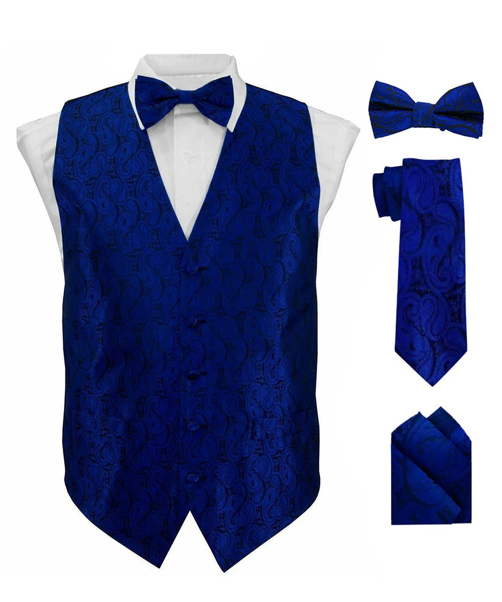 Vittorio Farina Men's Woven Paisley Vest, Necktie, Bow Tie and Pocket Square Set (Black Back)