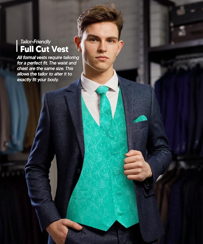 Vittorio Farina Men's Mint Woven Paisley Vest, Necktie, Bow Tie and Pocket Square Set (White Back)