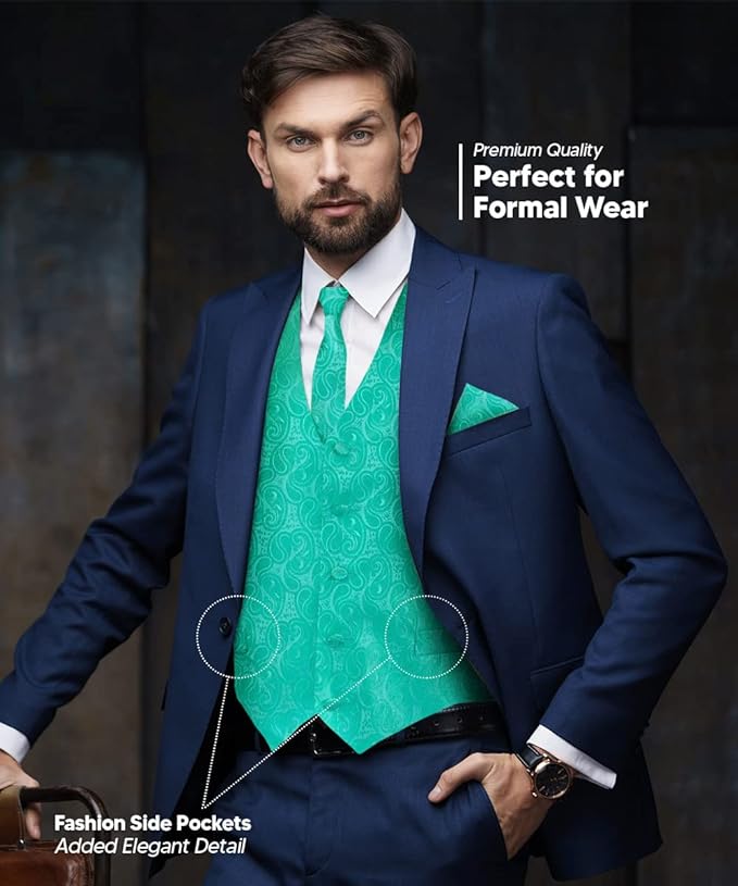Vittorio Farina Men's Mint Woven Paisley Vest, Necktie, Bow Tie and Pocket Square Set (White Back)