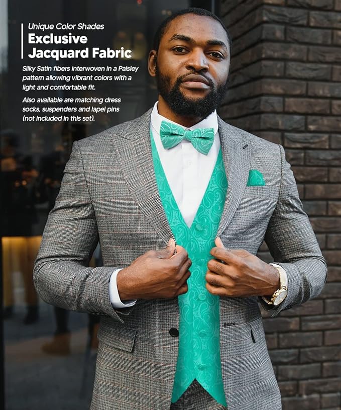 Vittorio Farina Men's Mint Woven Paisley Vest, Necktie, Bow Tie and Pocket Square Set (White Back)