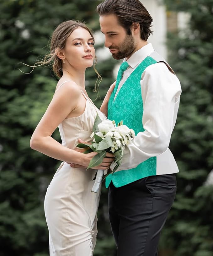 Vittorio Farina Men's Mint Woven Paisley Vest, Necktie, Bow Tie and Pocket Square Set (White Back)