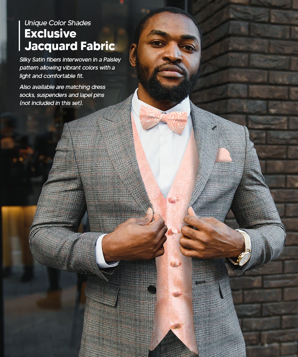 Vittorio Farina Men's Mint Woven Paisley Vest, Necktie, Bow Tie and Pocket Square Set (White Back)
