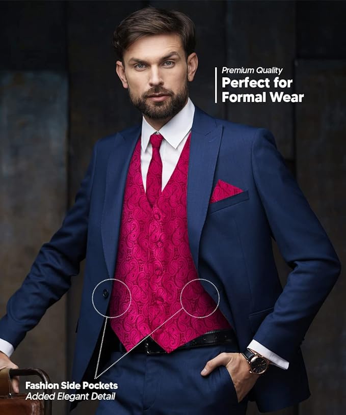 Vittorio Farina Men's Mint Woven Paisley Vest, Necktie, Bow Tie and Pocket Square Set (White Back)