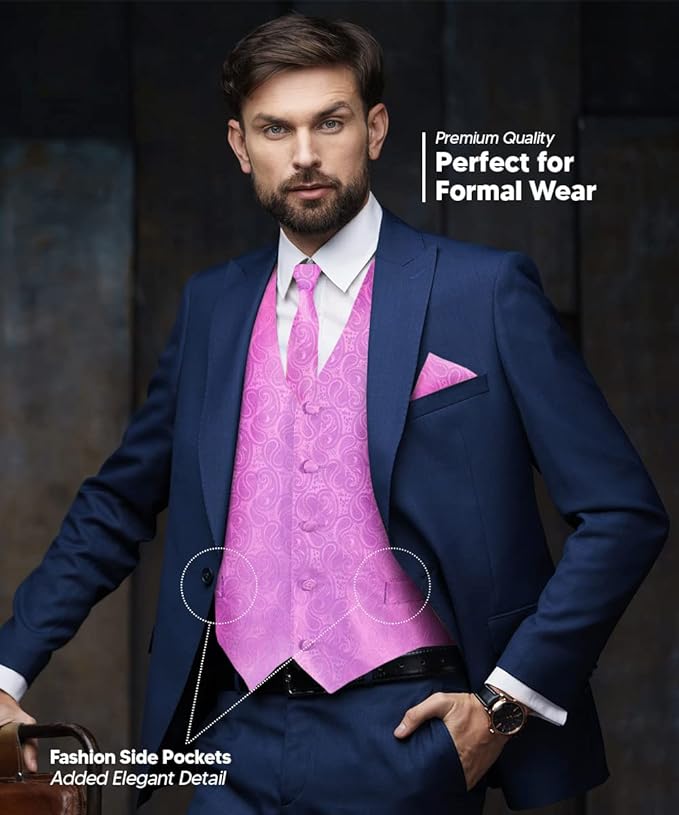 Vittorio Farina Men's Mint Woven Paisley Vest, Necktie, Bow Tie and Pocket Square Set (White Back)