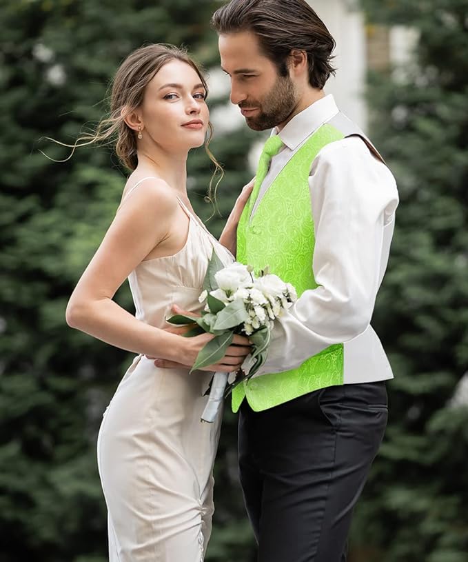 Vittorio Farina Men's Mint Woven Paisley Vest, Necktie, Bow Tie and Pocket Square Set (White Back)
