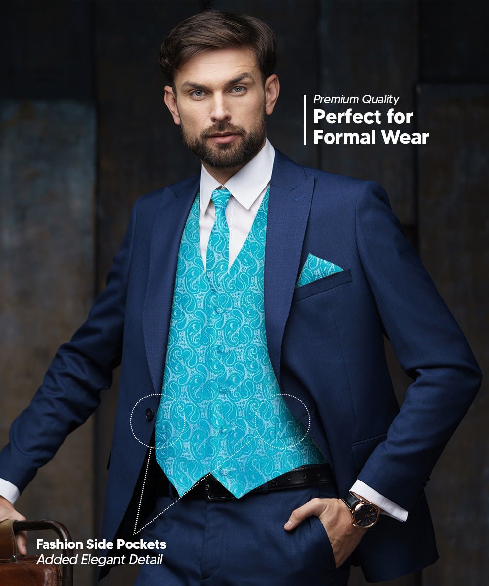 Vittorio Farina Men's Woven Paisley Vest, Necktie, Bow Tie and Pocket Square Set (White Back)