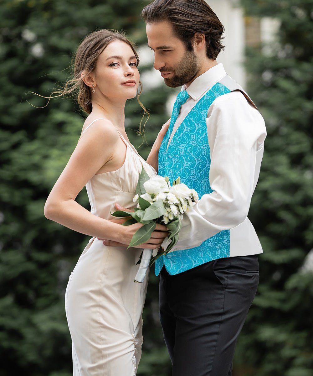 Vittorio Farina Men's Woven Paisley Vest, Necktie, Bow Tie and Pocket Square Set (White Back)