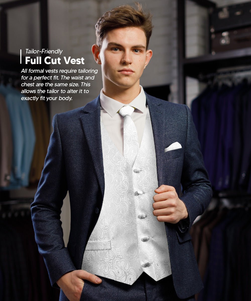 Vittorio Farina Men's Woven Paisley Vest, Necktie, Bow Tie and Pocket Square Set (White Back)