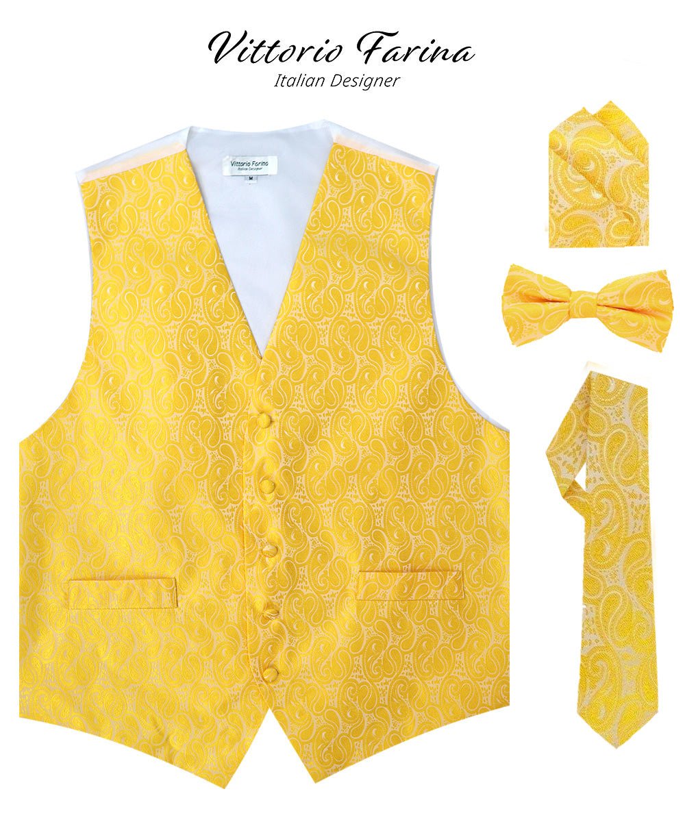 Vittorio Farina Men's Woven Paisley Vest, Necktie, Bow Tie and Pocket Square Set (White Back)