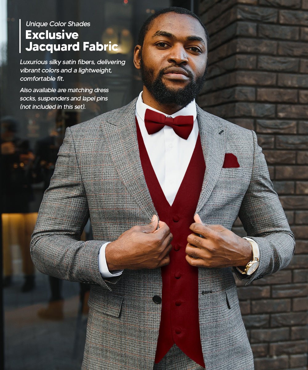Vittorio Farina Men's Satin Vest, Necktie, Bow Tie and Pocket Square Set (Black Back)