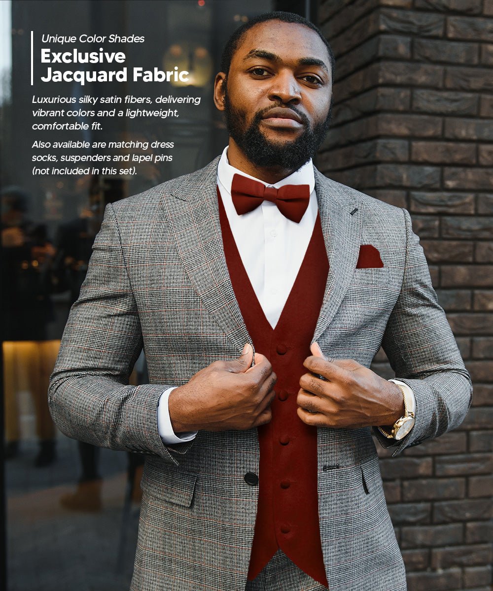 Vittorio Farina Men's Satin Vest, Necktie, Bow Tie and Pocket Square Set (Black Back)