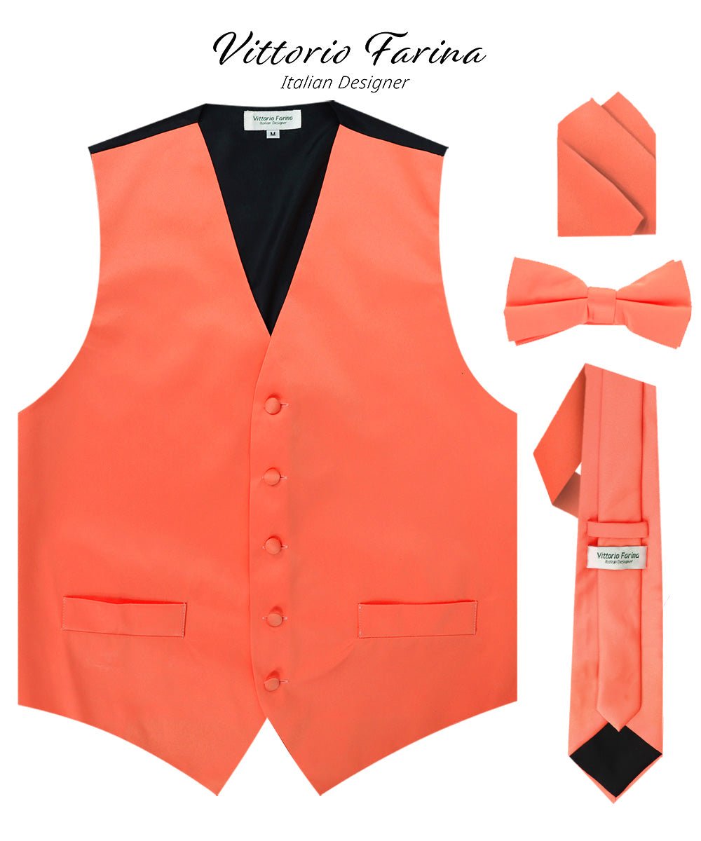 Vittorio Farina Men's Satin Vest, Necktie, Bow Tie and Pocket Square Set (Black Back)