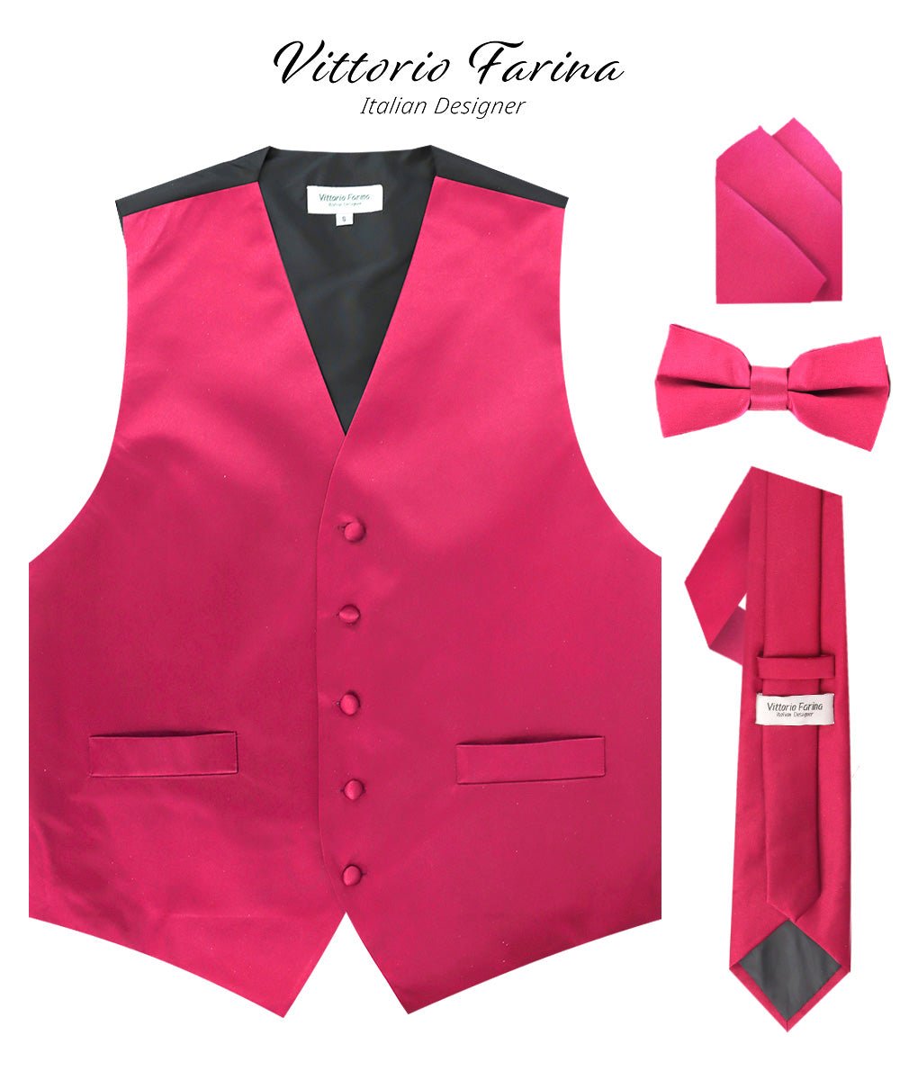 Vittorio Farina Men's Satin Vest, Necktie, Bow Tie and Pocket Square Set (Black Back)