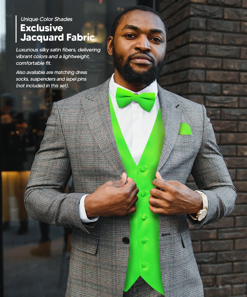 Vittorio Farina Men's Satin Vest, Necktie, Bow Tie and Pocket Square Set (Black Back)