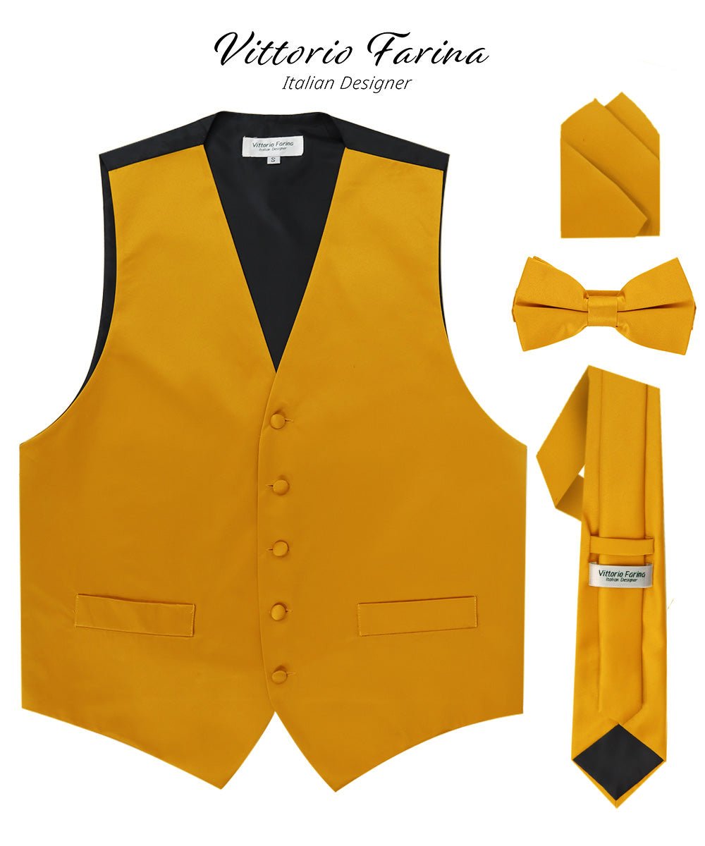 Vittorio Farina Men's Satin Vest, Necktie, Bow Tie and Pocket Square Set (Black Back)