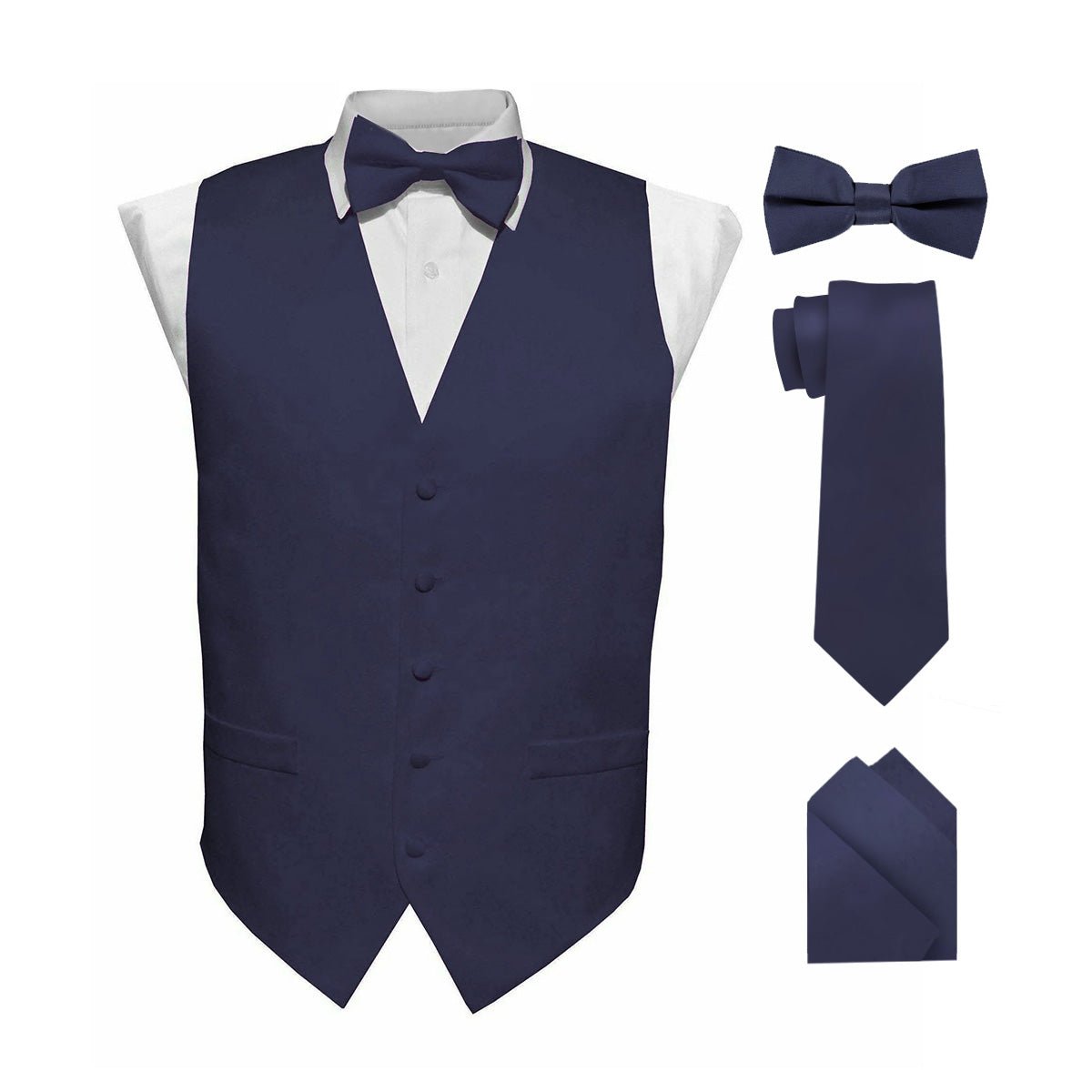 Vittorio Farina Men's Satin Vest, Necktie, Bow Tie and Pocket Square Set (Black Back)