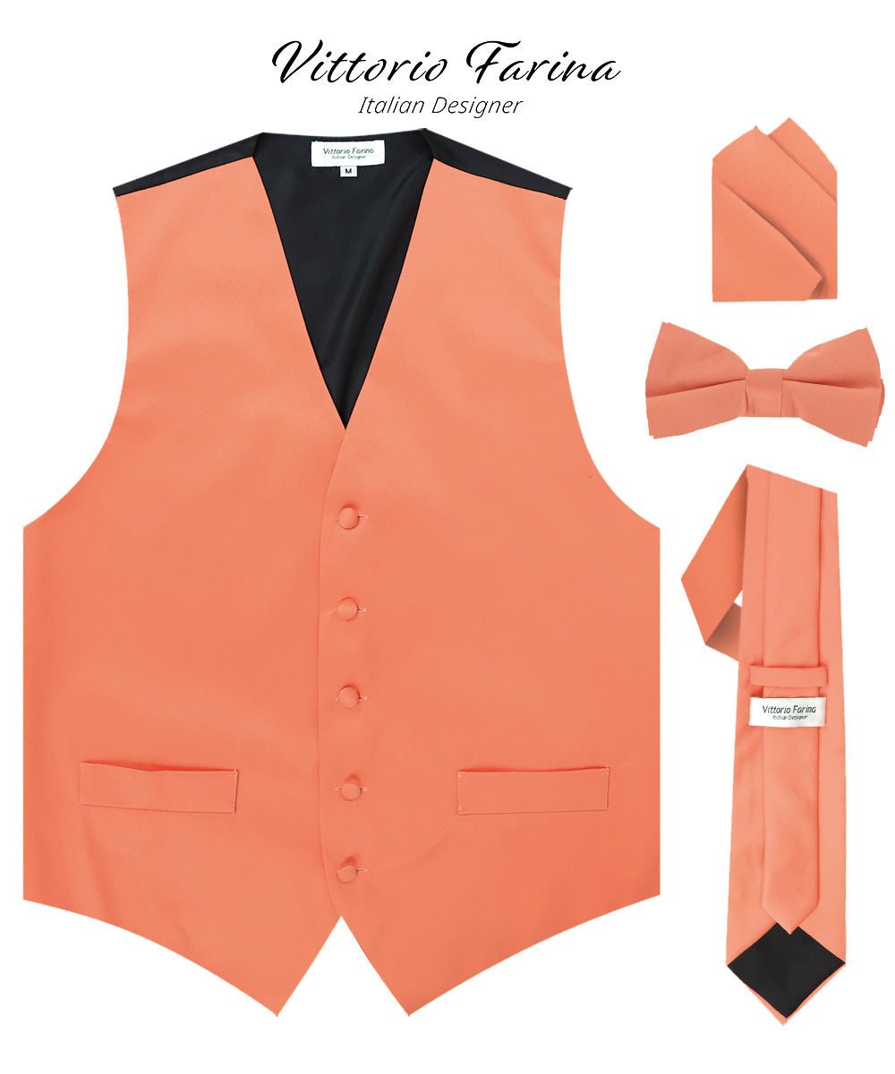 Vittorio Farina Men's Satin Vest, Necktie, Bow Tie and Pocket Square Set (Black Back)