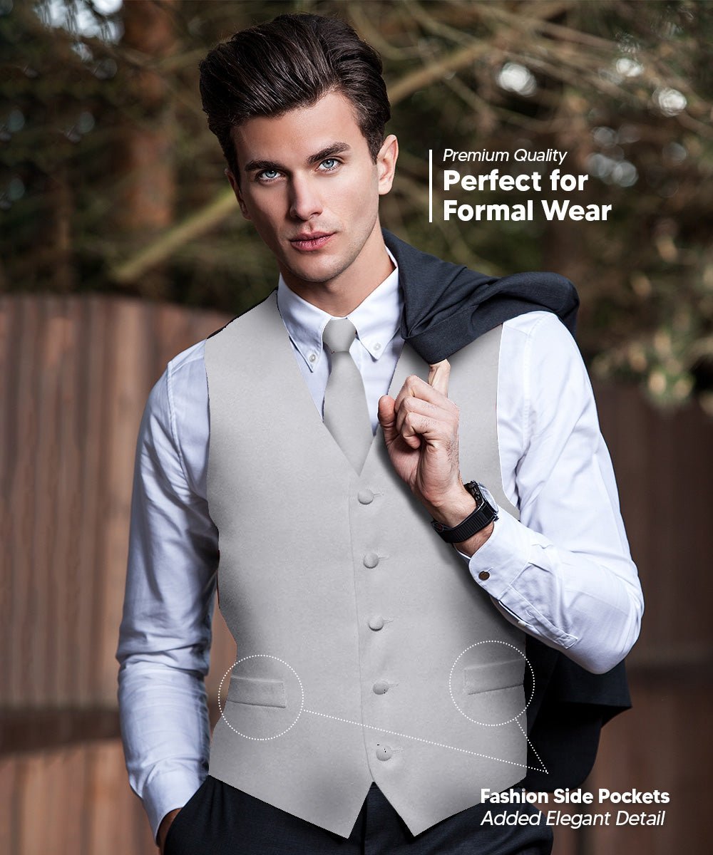 Vittorio Farina Men's Satin Vest, Necktie, Bow Tie and Pocket Square Set (Black Back)