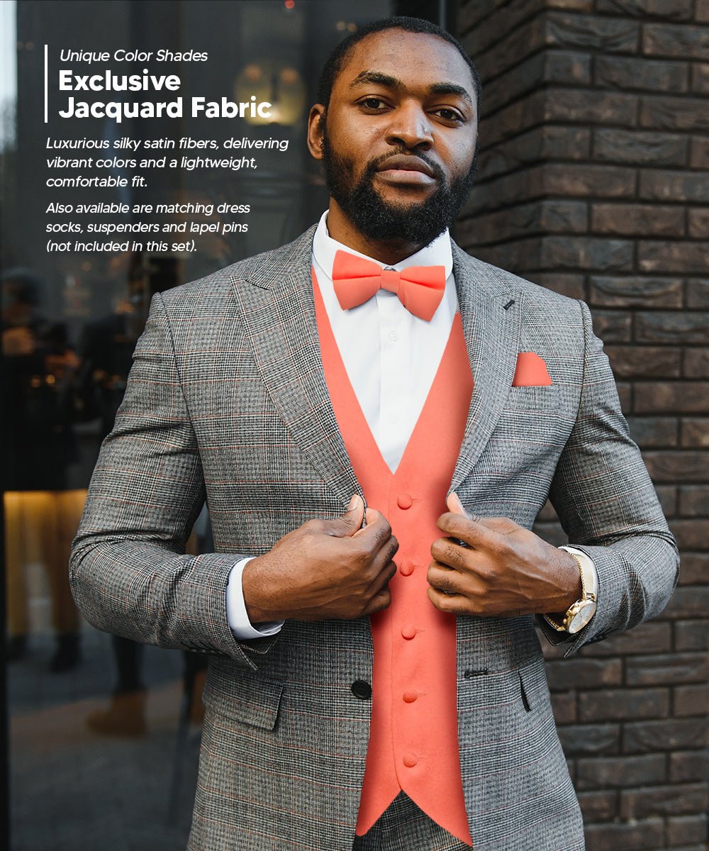 Vittorio Farina Men's Satin Vest, Necktie, Bow Tie and Pocket Square Set (White Back)